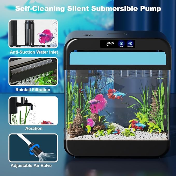 Fish Tank 2.2 Gallon,Small Fish Tanks Kits,Aquarium Fish Tank Starter Kit with 3-in-1 Silent Pump and 7 Color Led Light,with Temperature Display,for Fish,Shrimp,Betta(Black-2.2 Gallon)