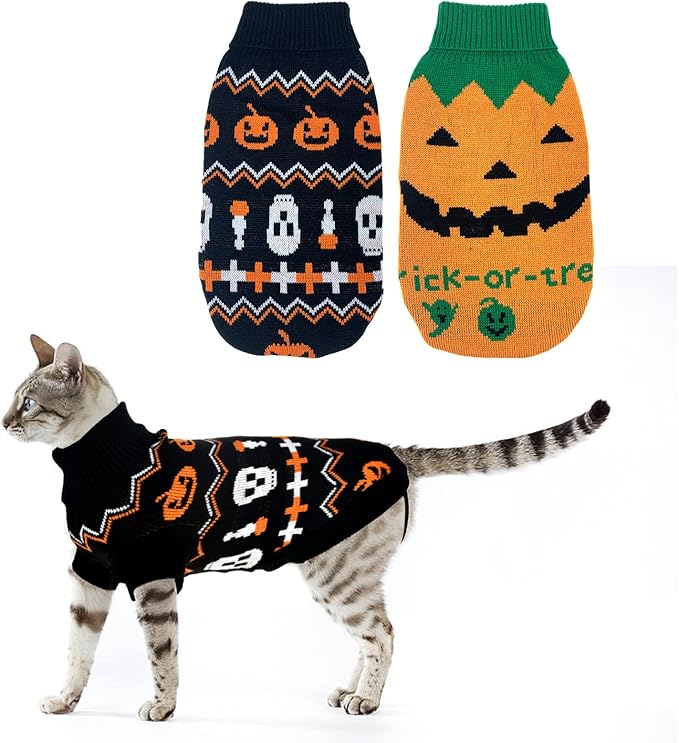 Vehomy 2Pcs Pet Halloween Sweaters Dog Halloween Pumpkin Sweater Kitten Cat Holiday Theme Turtleneck Knitwear Shirt with Pumpkin Skull Patterns Dog Puppy Halloween Costume Clothes for Small Dogs M