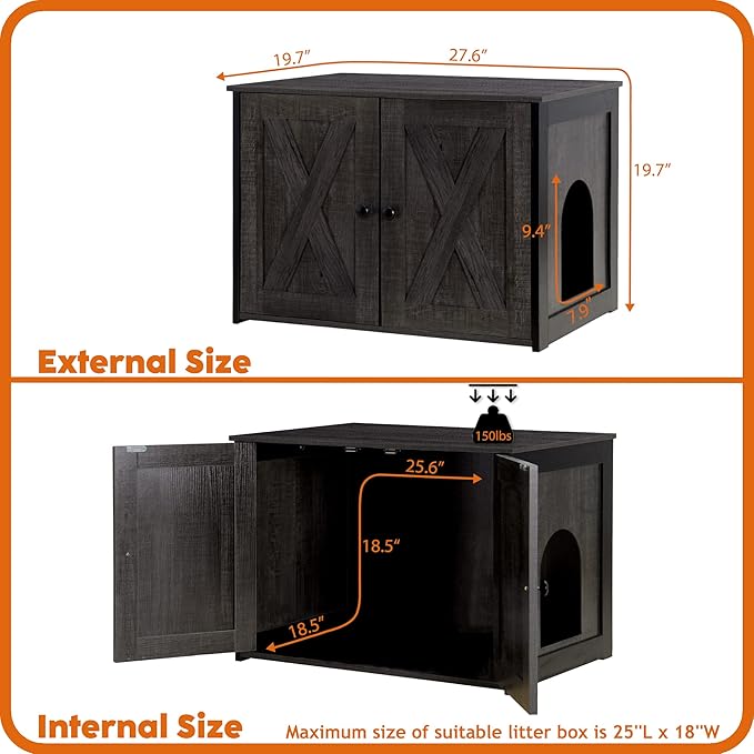 Dwanton Litter Box Enclosure, Cat Litter Box Furniture Hidden, Reversible Entrance Can Be on Left or Right Side, Wooden Cat Washroom Indoor, Dark Gray, 27.6 Inches