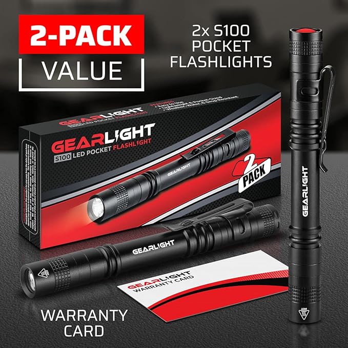 GearLight S100 LED Pocket Pen Light- 2 Small, Compact Flashlights with Clip for Tight Spaces, Police Inspection, Nurses & Medical Use - White Light - 2 Pack, (S100 Pen Light)
