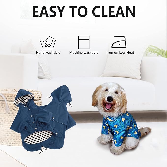 Morezi Dog Zip Up Raincoat with Reflective Buttons, Rain/Water Resistant, Adjustable Drawstring, Removable Hood, Raincoats with Legs 8lbs to 80lbs Available - Dark Blue - XXL