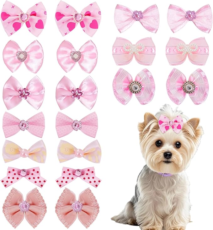20 PCS Cute Dog Hair Bows with Rubber Bands Elastic Handmade Mix Style Lace Rhinestone Pearls for Furry Puppy Cat Pet Girl(Novel Pattern,Pink)