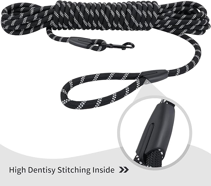 Long Dog Leash for Training 50Ft-Reflective Nylon Rope with Swivel Hook-Recall Agility Lead for Large Small Medium Dogs Outside Walking Hiking-Black