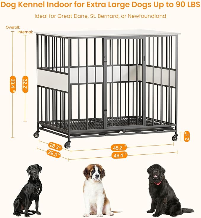 Dog Crate Furniture for Extra Large Dogs, 47 Inch Indoor Kennel, Wooden Pet Cage Decorative Corner End Table with Caster Wheels & Double Removable Tray, White