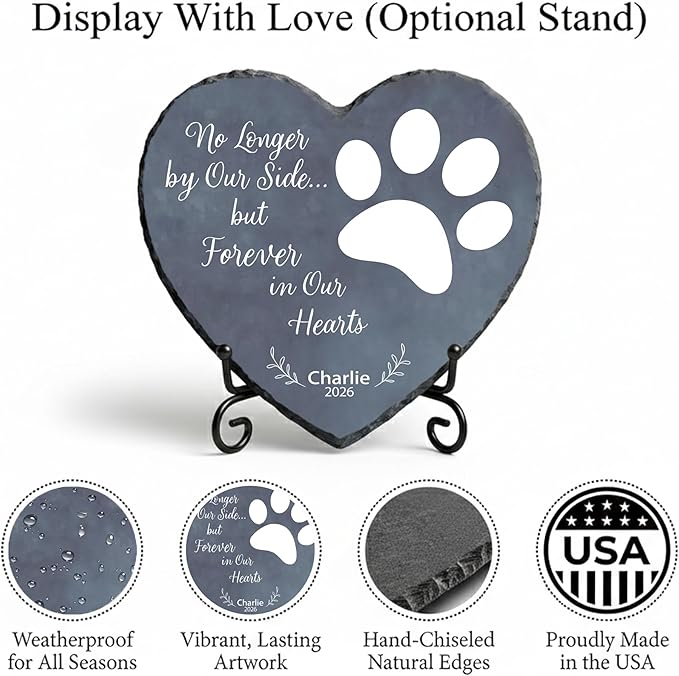 Personalized Dog Memorial Stone, No Longer by Our Side Heart Paw Print Plaque, Pet Loss Gift for Dogs Stone (S-002)