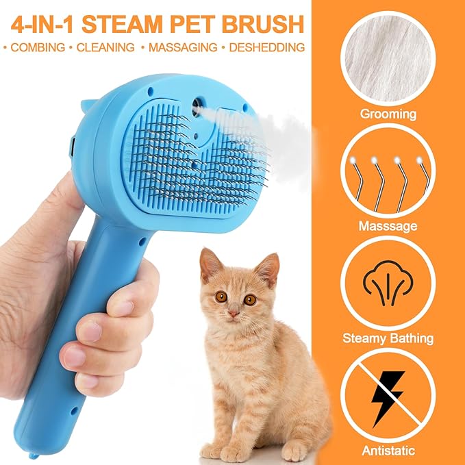 Pet Steam Brush for Dogs, 4 in 1 Cat Steam Brush for Long Short Haired, Self Cleaning Brush for Shedding, Metal Pet Misting Hair Comb with Handle for Grooming Kitten Dog(Blue)