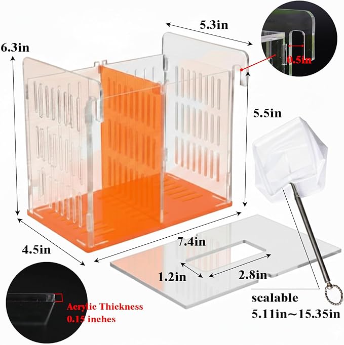 Acrylic Breeder Box for Fish Tank, Aquarium Isolation & Breeding Box with Extendable Long Handle Net for Baby Fish, Shrimp, Betta, Guppy - Acclimation Hatchery Incubator (Orange, 7.4x5.3x6.3 in)