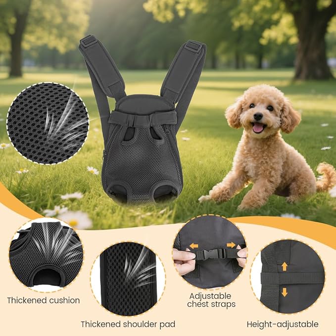 Inspack Dog Backpack Carrier/Cat Carrier, Adjustable Pet Front Carriers Travel Bag for Puppy Medium Dogs, Legs Out, Soft Ventilated Dog Chest Carry Backpacks for Hiking/Camping, 7-11 lbs, Black