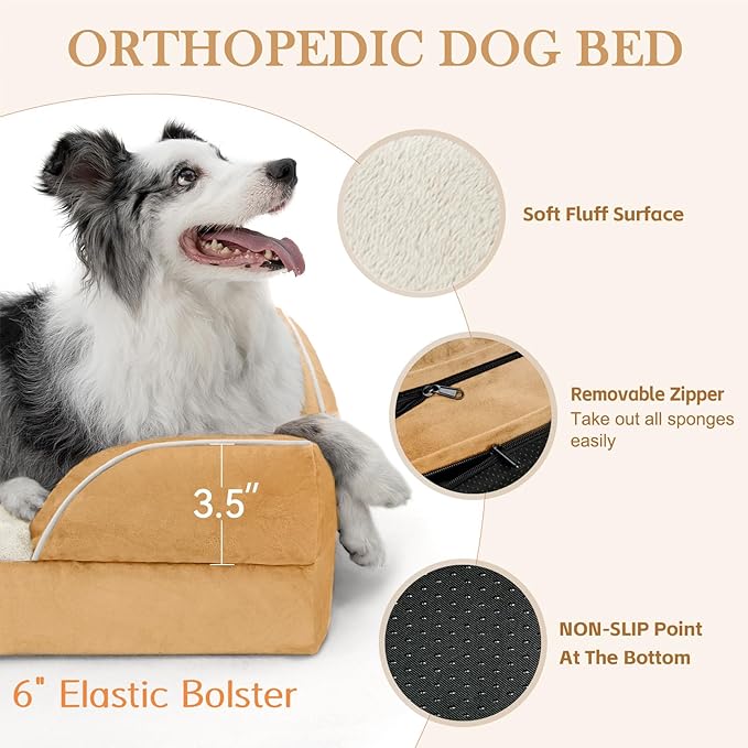 Comfort Expression Orthopedic Dog Bed for Medium Dogs 28x19 Inch, Waterproof Supportive Egg Crate Foam Medium Pet Bed with Removable Bolsters, Dog Couch with Washable Cover & Non-Slip Bottom, Caramel