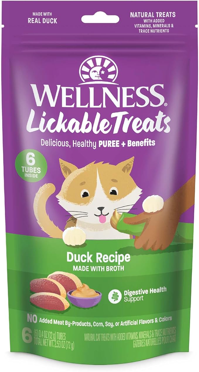 Wellness Lickable Treats Soft Puree Natural Grain Free Adult Cat Treats, Duck Recipe, Contains 6-0.4 Ounce Squeezable Tubes