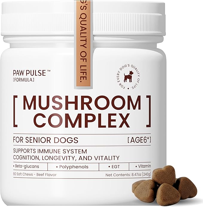 Pawpulse Formula Immune Defense Mushrooms for Dogs - Cellular Growth, Turkey Tail and Lions Mane for Cognitive Support, Lumps and Bumps, Gut Health and Longevity - Senior Dog Supplement, 80 Chews