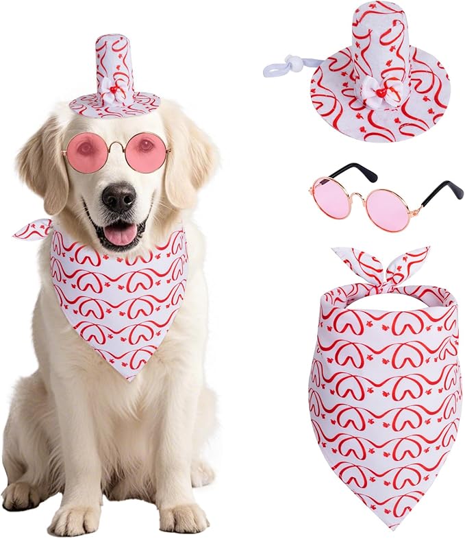 3 Pcs Valentine's Day Pet Costume Set Cat Bandna Hat and Sunglasses for Small Medium Dogs Party Outfits (Pink)