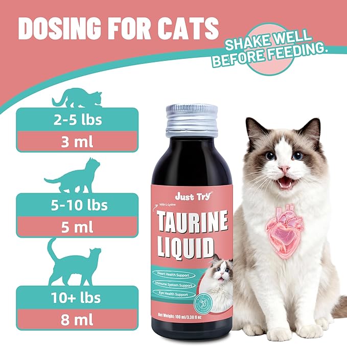 Just Try 3.38 fl oz Taurine Supplement & L-Lysine for Cats Feline Heart Health Immune Support - Sneezing, Runny Nose and Watery Eyes - Chicken Flavor 100ml