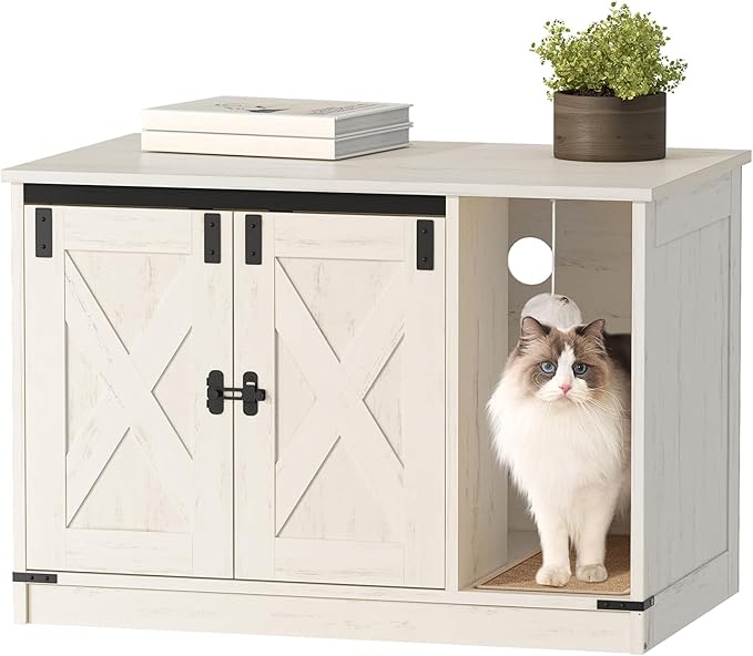 Cat Litter Box Enclosure, Hidden Litter Box Cabinet Furniture with Bell, Indoor Cats House, Farmhouse Style, 31.5 x 19.7 x 20.9Inches, for Hallway, Bedroom, White CB82414B