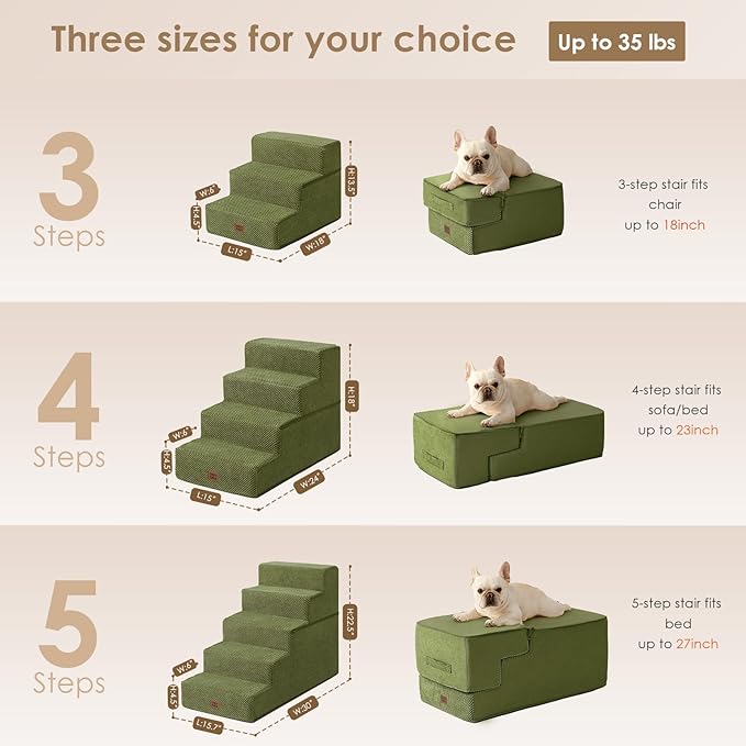 EHEYCIGA Dog Stairs for Small Dogs 13.5" H, 3-Step Dog Steps for Couch Sofa and Chair, Pet Steps for Medium Cats, Non-Slip Balanced Pet Ramp Indoor, Olive Green