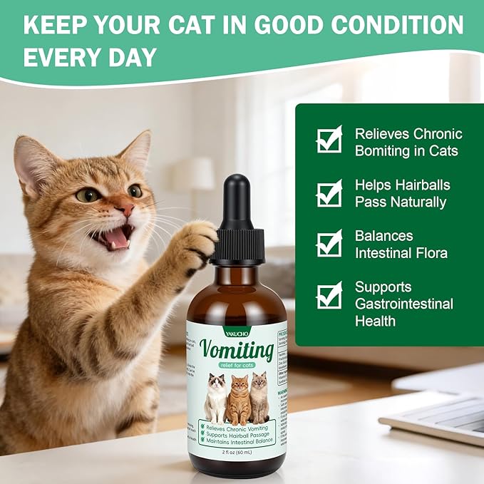 Vomiting Relief for Cats, Cat Vomit Remedy, Digestive Support Drops with Probiotics to Help Reduce Vomiting, Hairballs & Sensitive Stomach, Supports Gut Health, Easy to Mix with Food - 2 FL OZ