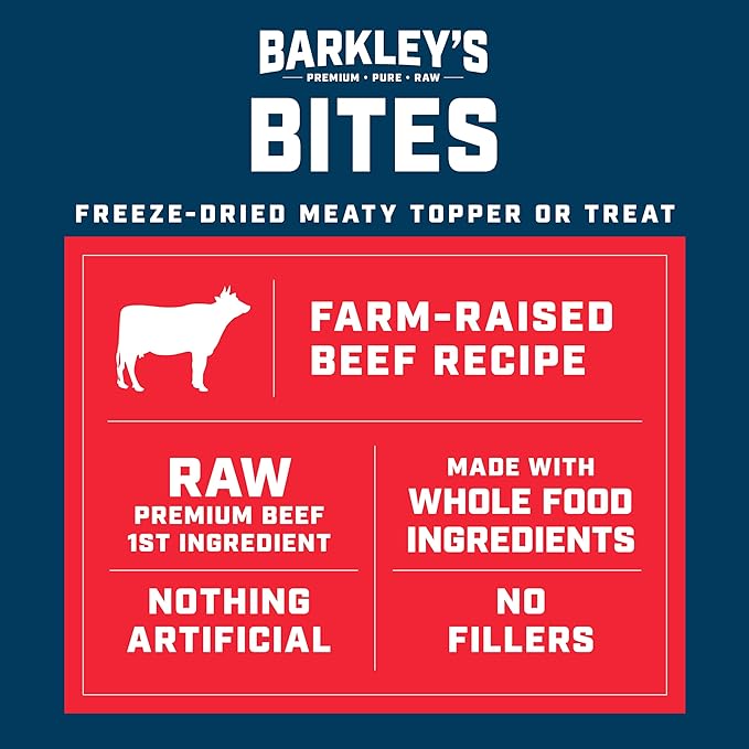 Barkley’s Bag Beef Bites, Freeze Dried Dog Treats and Food Topper, Protein Packed, Made with Beef, Barley, and Quinoa, Small Bite-Sized Pieces for Training Rewards, American Made Dog Snacks, 4 Oz Bag