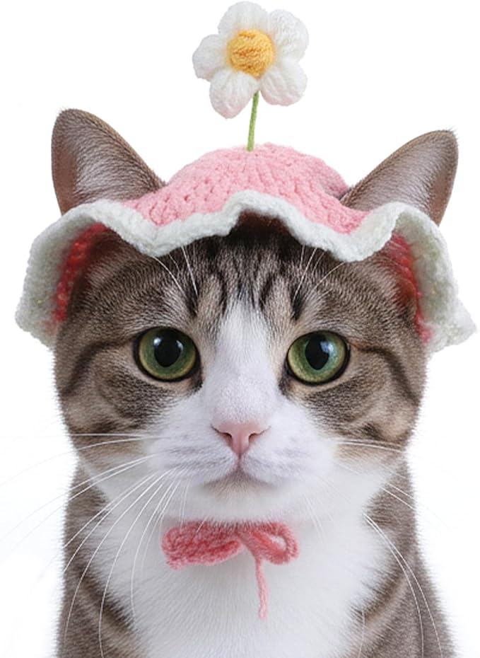 Cat Hat Cute Pink Flower Costume Hats for Cats, Cat Part Hat with Ear Holes and Adjustable tie Soft Washable Outfits Hats for Parties Birthday