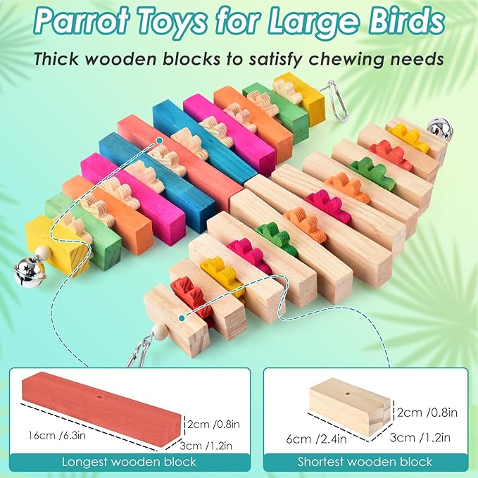 Large Bird Toys for Parrot, 2 Pcs Colorful Natural Wood Block Chew Tearing Toy with Bell for Macaws, African Greys, Amazon Parrots, Eclectus, Cockatoo