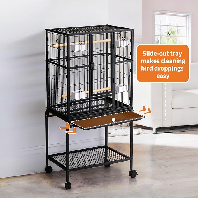 Spacious Metal Bird Cage with Rolling Stand and Storage – Large Flight Cage for Parakeets, Parrots, Cockatiels, Conures – Includes Feed Bowls, Play Top – Durable Pet Aviary – 40.5"/61" Tall