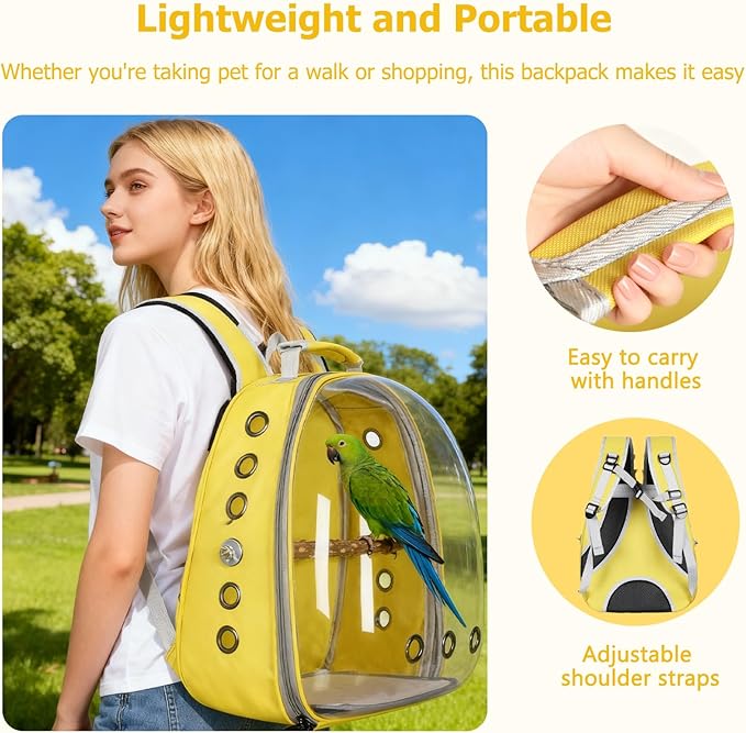 Transparent Parrot Backpack,12 Holes Ventilate Space Capsule Carrier,Stick Wooden Standing Perch,Portable Double Shoulder Outdoor Pet Backpack Carrier for Birds and Pets (Blue,Without Stick)