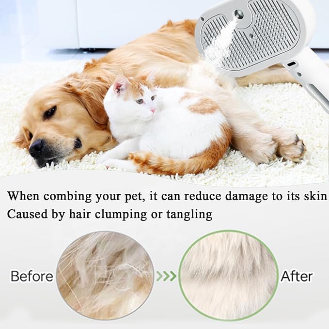 3 In 1 Self Cleaning Pet Spray Hair Removal Comb, Fresh Fur Shower Brush, Pet Steamy Shower Brush + Bathing Solution, Removes Loose Hair, Anti-Static (White)