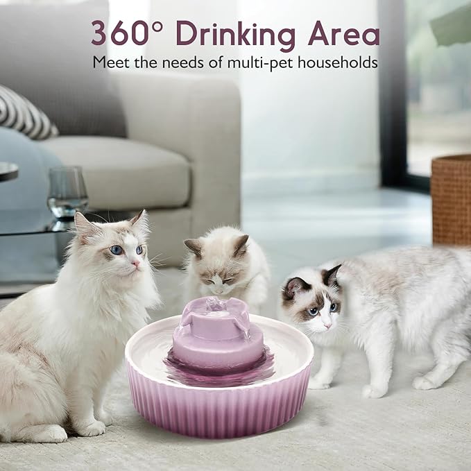 Ceramic Cat Water Fountain, 2.1L/71oz Cat Fountain with 3 Carbon Filters and 2 Water Pumps, Cupcake Pet Water Fountain for Cats and Dogs (Purple)