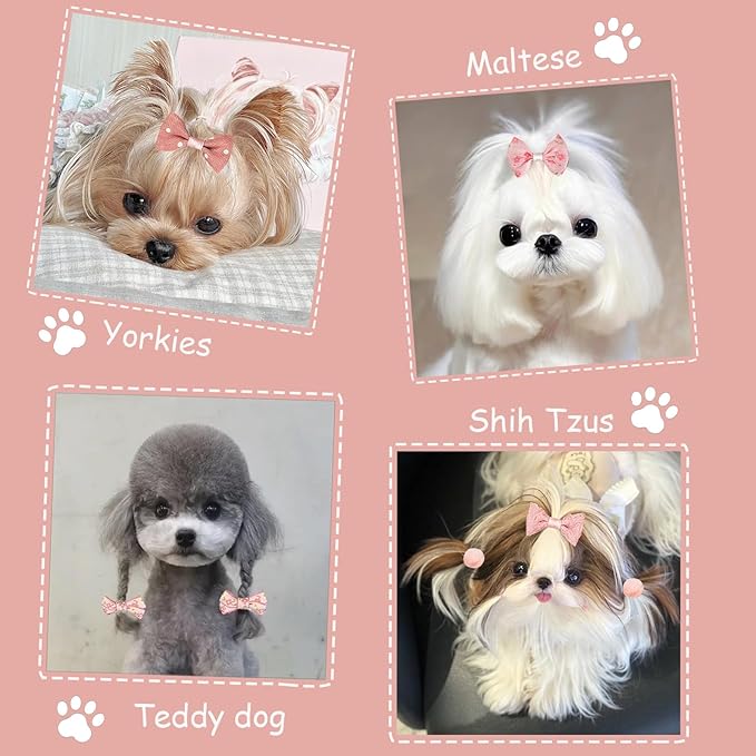 20 Pcs Small Dog Hair Bows with Rubber Bands Handmade Puppy Hair Bows Cute Grooming Flower Ball Bowknot Top Knot Dog Hair Accessories Hair Ties for Yorkie Maltese Pet (Pink) ﻿