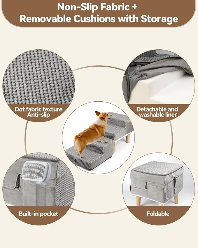 Dog Ramp Ottoman, 2-in-1 Dog Stairs for Couch and Low Bed, Foldable Solid Wood Pet Steps for Small, Medium, Senior Dogs & Old Cats - Couch Height, Washable Cover, Storage Pocket, 135lb Capacity