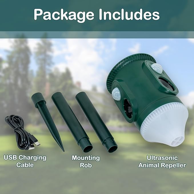 360° Solar Ultrasonic Animal Repellent Outdoor Motion Activated Pest Deterrent with Strobe Light, Waterproof Garden Protection for Cats, Dogs, Squirrels, Raccoons,Skunks, Rabbits, Coyotes
