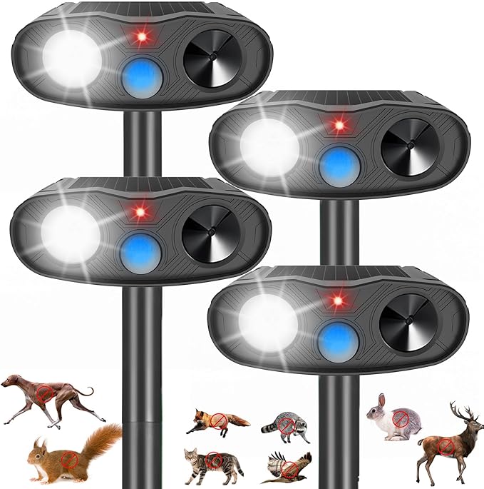 Solar Ultrasonic Animal Repeller Racoon Sonic Fortress Pro Cat Repellent Outdoor, Dog Repellent for Yard with Motion Sensor&Flash Light to Scare Deer Rabbit Coyote Squirrel Out of Garden Farm(4Pack)