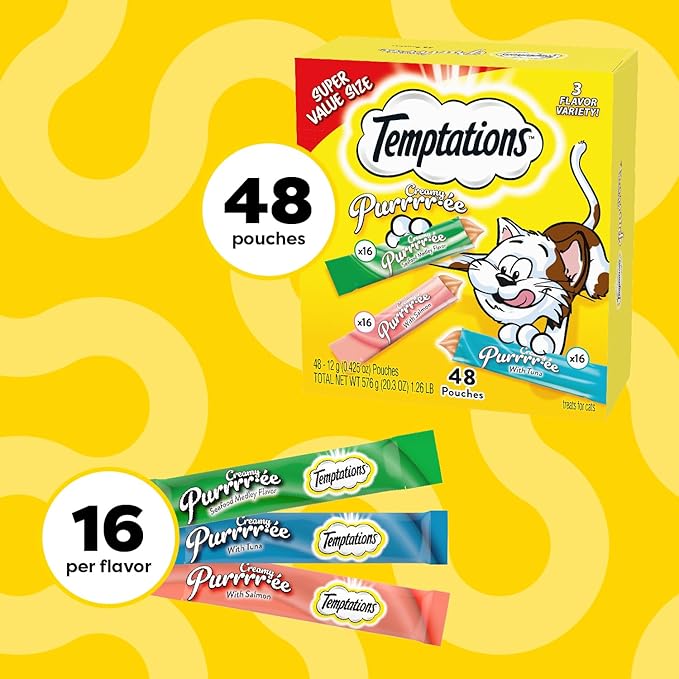Temptations Creamy Puree Squeezable Lickable Cat Treats, Wet Cat Treats with Tuna, Salmon, and Seafood Medley Variety Pack, 0.42 oz. Tubes, 48 Count