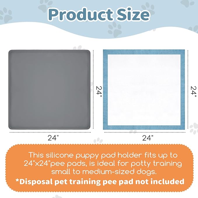 Pee Pad Holder, Dog Potty Tray for 24" x 24" Training Pads, Silicone Non-Slip Pee Mat Potty, No Spill Raise Lip High Edge Puppy Pad Tray with 4 Holder Clamps for Dog Training Home Floor Protection