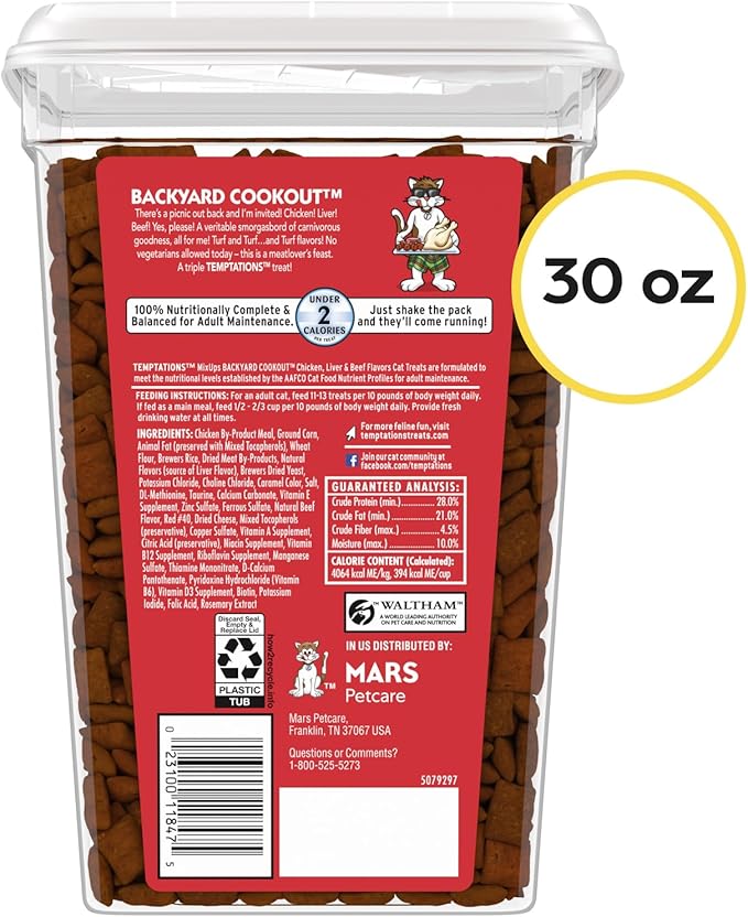 Temptations Cat Treats MixUps Backyard Cookout Flavor Crunchy, Soft Cat Treats, 30 oz. Tub