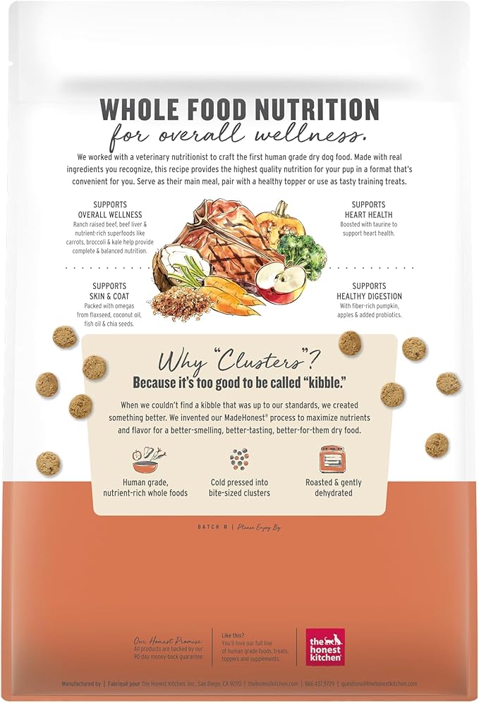 The Honest Kitchen Human Grade Dry Dog Food, Whole Food Clusters Grain Free Dry Dog Food, Beef, 5 lb Bag