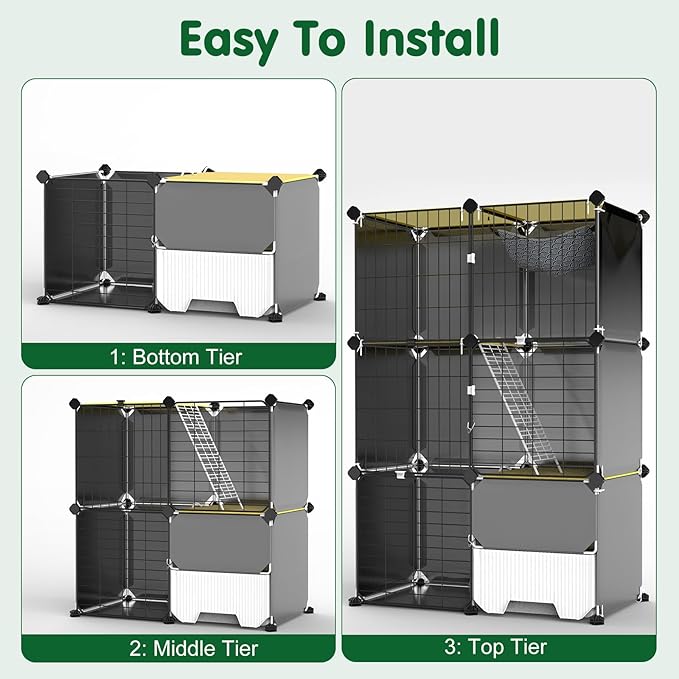3-Tier Cat Cage, Indoor Cat Enclosures with Litter Box Hammock Ladders, DIY Cat Playpen Detachable Metal Wire Kennels Kitten Crate Cats House Large Exercise Place for 1-2 Cats/Kitten, 28"x14"x42"