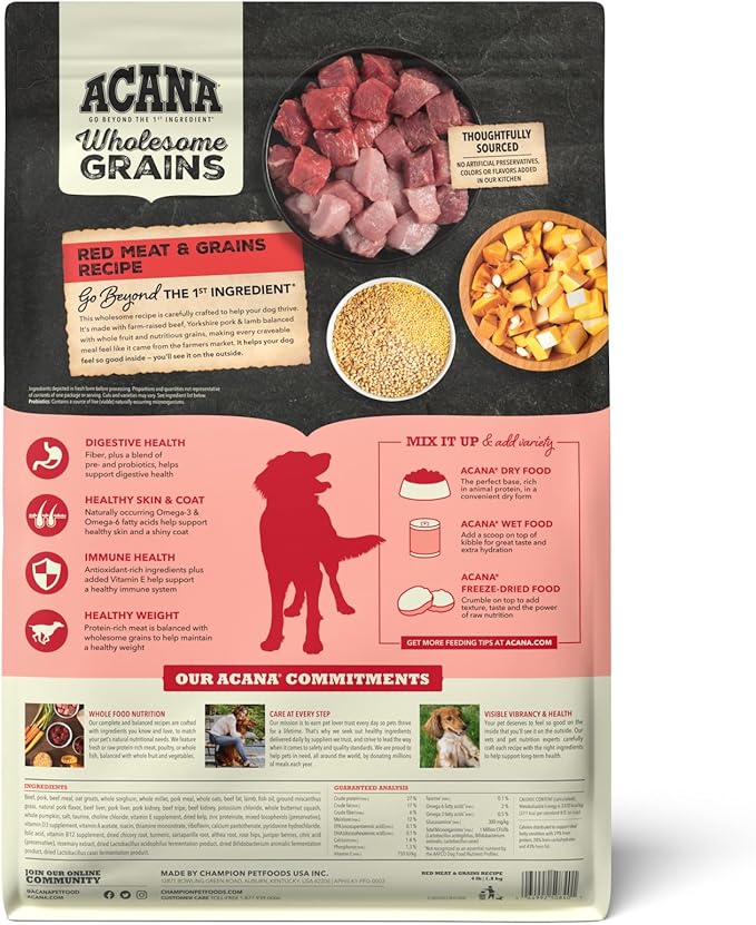ACANA Wholesome Grains Dry Dog Food Red Meat & Grains Beef Pork & Lamb Recipe 4lb Bag