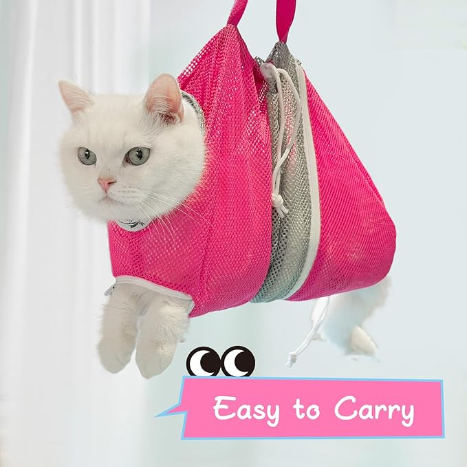 Cinf Cat Bathing Bag, Breathable Mesh Anti Scratch Adjustable Cat Grooming Bag for Nail Trimming, Bathing Soft Cat Washing Bag(Pink) L