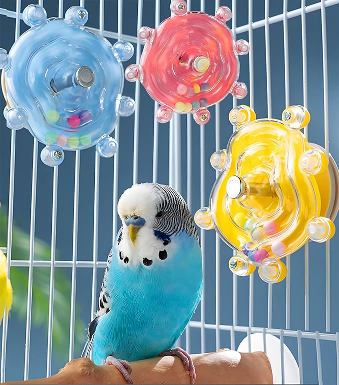 Conure Toys, 3PCS Bird Rotating Wheel Toy Cockatiel Spinning Rattle Toys Parrot Cage Accessories for Small-Medium Birds, Blue/Yellow/Pink
