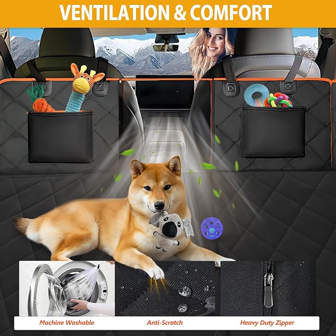Back Seat Extender for Dogs - Holds 420lb, Hard Bottom Dog Bed Back Seat Cover, Pet Car Seat Cover Backseat Extender,Upgraded Material Waterproof Dog Hammock for Car，SUV, Truck, Black/Orange