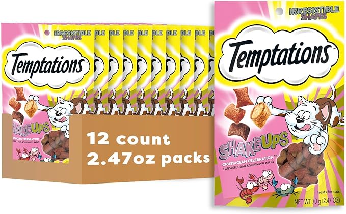 Temptations Cat Treat ShakeUps, Crunchy and Soft Cat Treats, Crustacean Celebration, 2.47 oz. Pouches (Pack of 12)