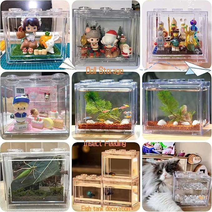 Small Betta Fish Tank, Mini Fish Tank Aquarium Tank Kit with Blue Gravel & Resin Decorations, 0.6 Gallon Stackable Fish Bowl Tiny Desktop Aquarium for Sea Monkey Shrimp