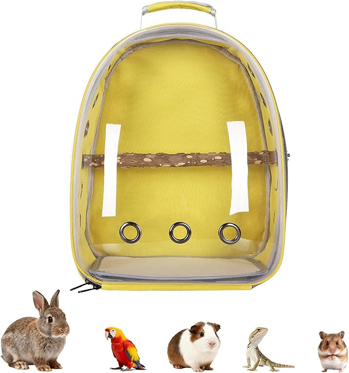 Transparent Parrot Backpack,12 Holes Ventilate Space Capsule Carrier,Stick Wooden Standing Perch,Portable Double Shoulder Outdoor Pet Backpack Carrier for Birds and Pets (Yellow,with Stick)