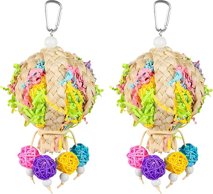 2 Pack Natural Hot Air Balloon Bird Toy, Hand-Woven Parrot Foraging & Chew Toy with Colorful Rattan Balls, Boredom Relief for Small to Medium Parakeets, Cockatiels, Conures