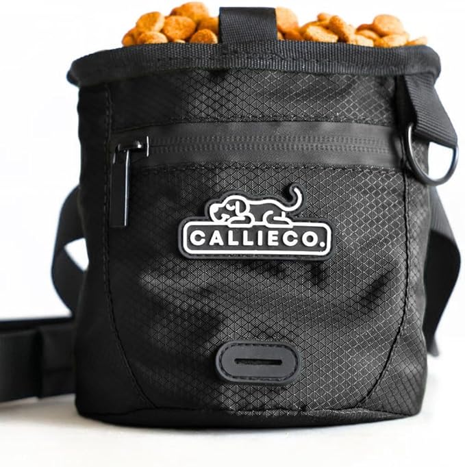 Callieco Mini Dog Treat Pouch with Magnetic & Zipper Closure | Small Waist Belt Training Behavior Aid Bag for Dog Walking with Poop Bag Dispenser (Black)