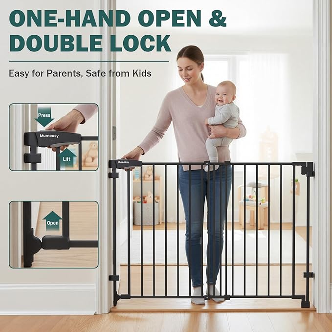Mumeasy 29.5-43.3" Baby Gate for Stairs, No Bottom Bar Dog Gate with Removable Door & Slide-Adjust Drill Mount, Extra Wide Stairway & Hallway Walk Thru Pet Safety Gate for Doorways, Kitchen (Black)