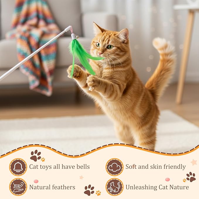 60 Pcs Cat Wand Feather Toys Refill Colorful Cat Wand Replacement Feathers Toy for Interactive Kitten Fishing Pole Feather Attachments with Bells for Stray Cats to Exercise (Feather-Mix)