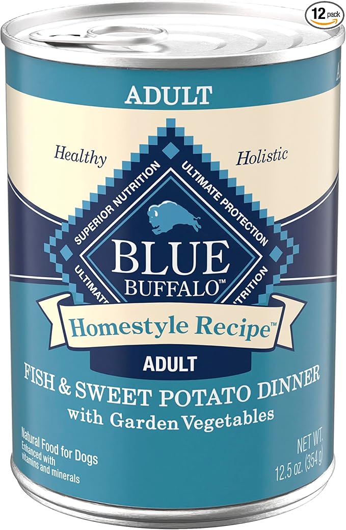 Blue Buffalo Homestyle Recipe Adult Wet Dog Food, Made with Natural Ingredients, Fish & Sweet Potato Dinner with Garden Vegetables, 12.5-oz can (Pack of 12)