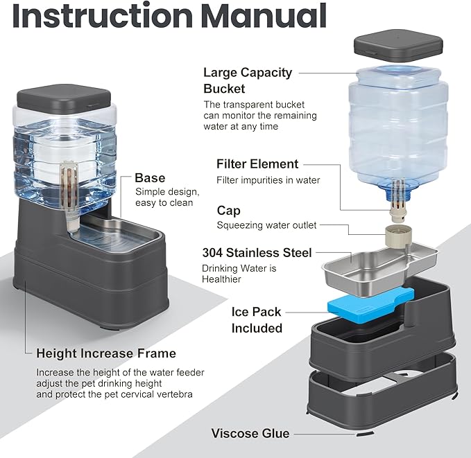 Automatic Dog Water Dispenser Gravity Stainless Steel Water Feeder Cat Waterer Feeder with Wide Mouth Bowl for Small Medium Dog Puppy Kitten (Filter &Ice Pack Included) 1.6Gallon Gray