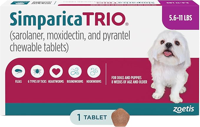 Simparica Trio (sarolaner, moxidectin, and pyrantel chewable Tablets) Chewables for Dogs, 6 mg/tab, 5.6-11 lbs, (Purple), 1 Tablet